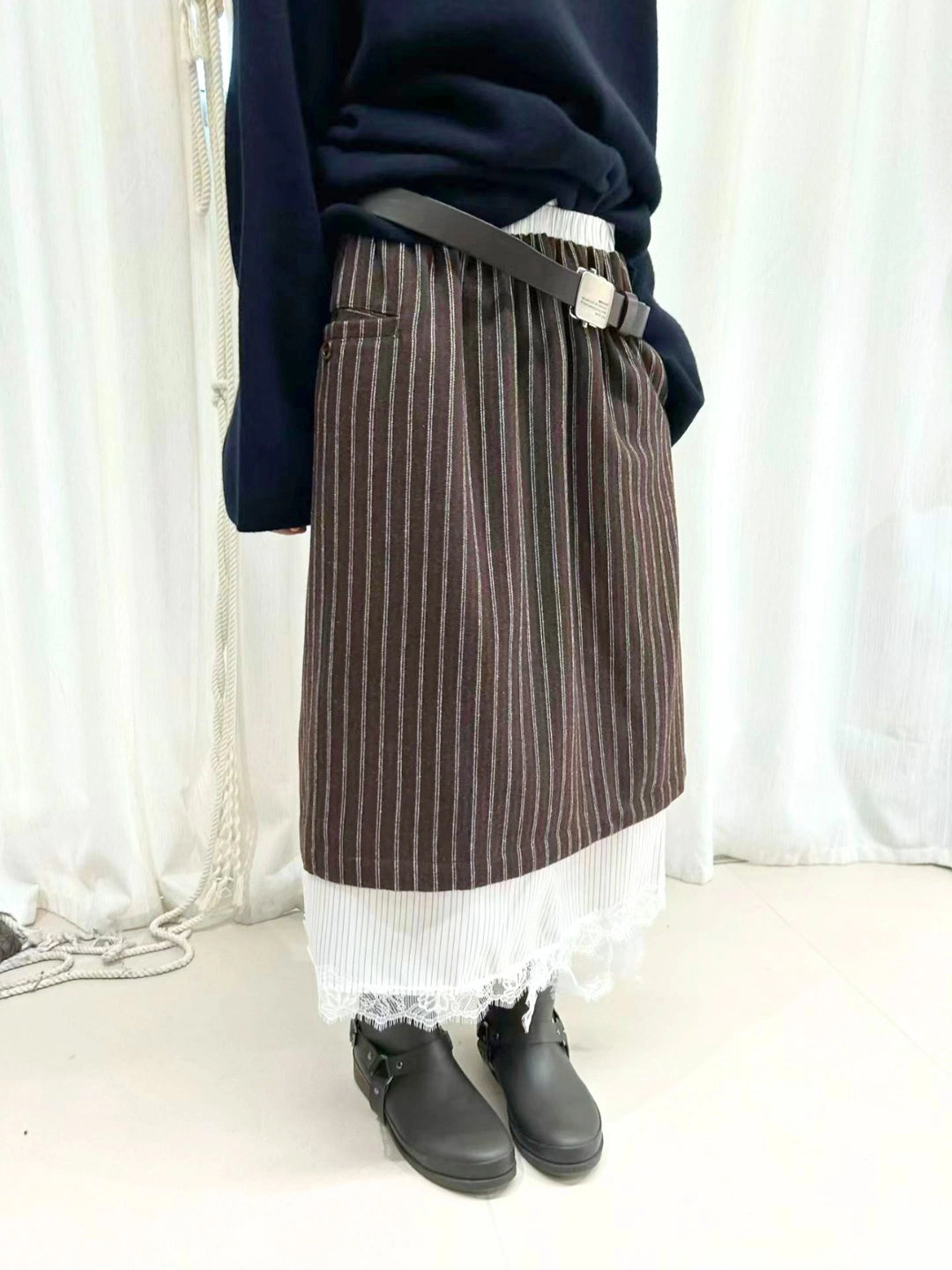 Pinstripe Layered Wool Midi Skirt