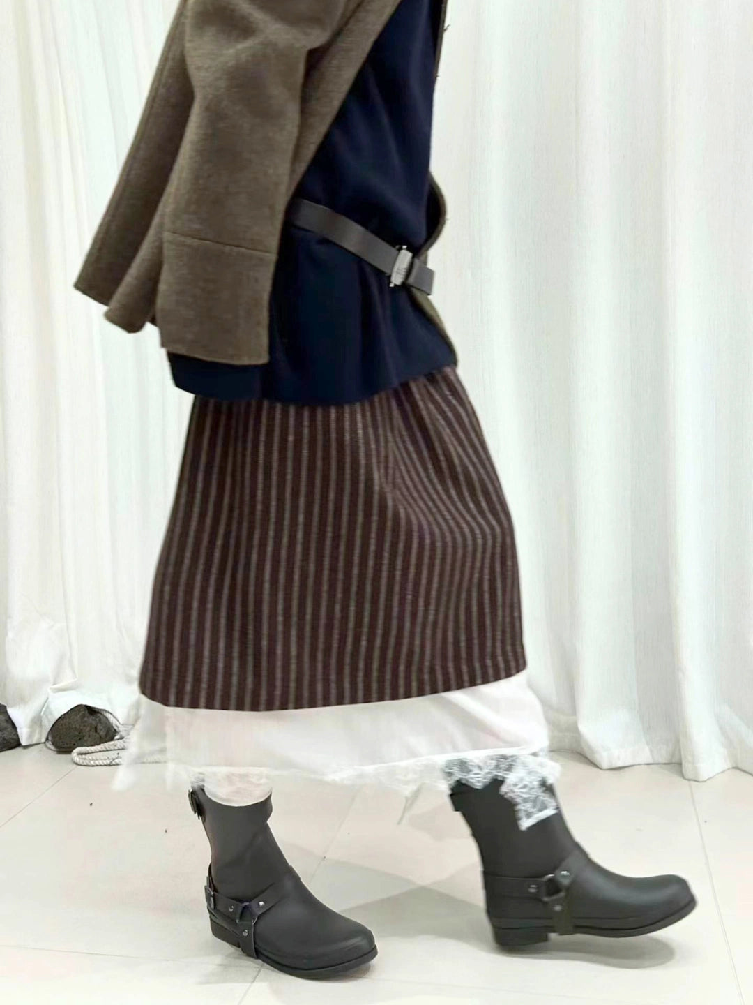 Pinstripe Layered Wool Midi Skirt