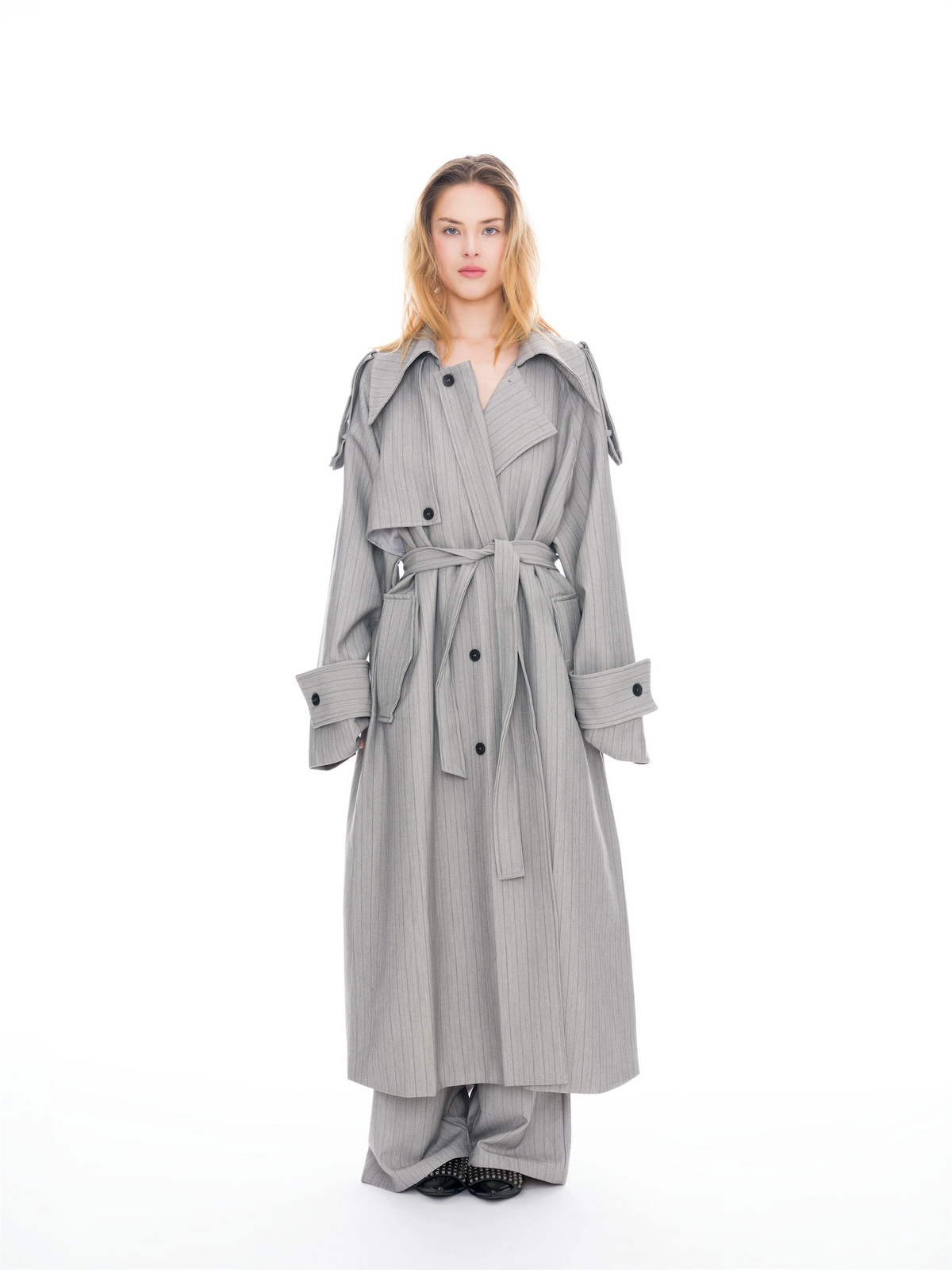 Asymmetric Pinstripe Trench Coat