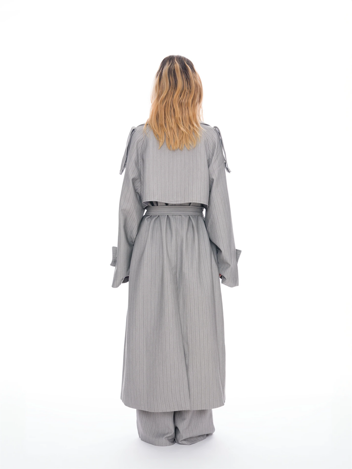 Asymmetric Pinstripe Trench Coat