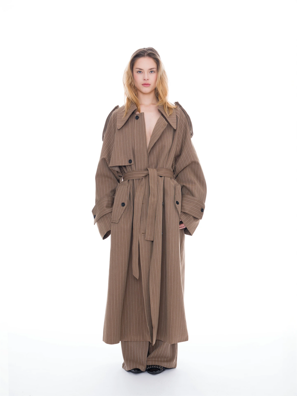 Asymmetric Pinstripe Trench Coat