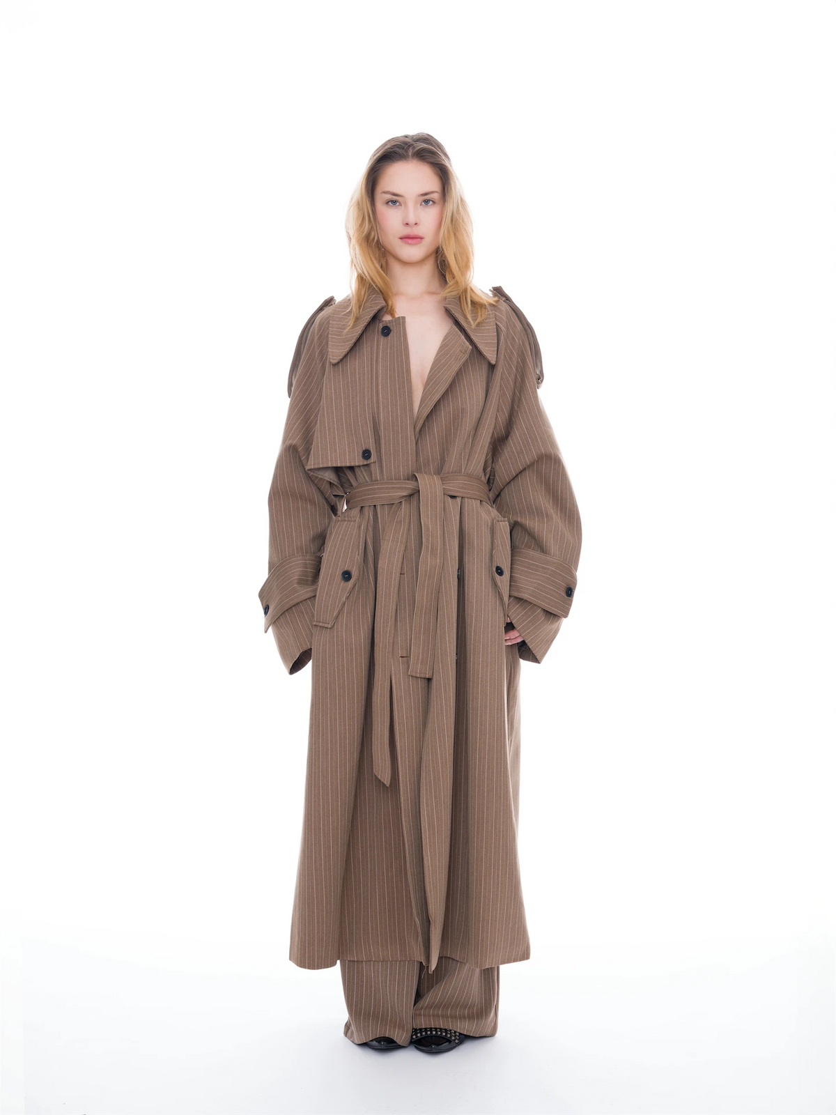 Asymmetric Pinstripe Trench Coat