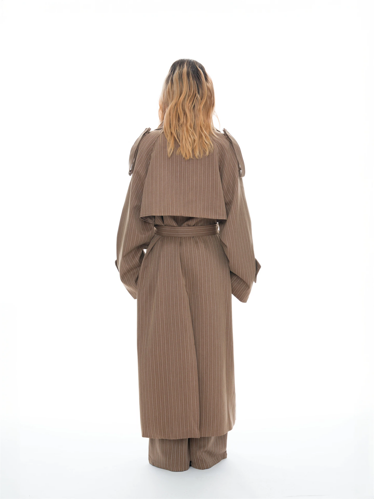 Asymmetric Pinstripe Trench Coat