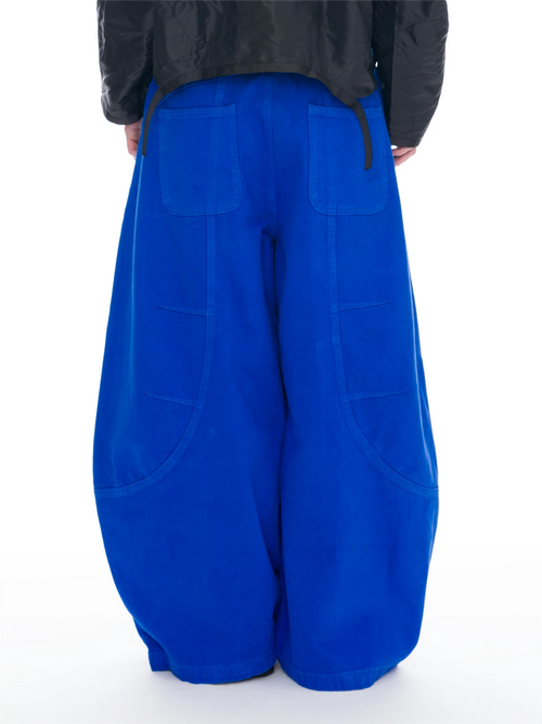 A person shown from the back wearing extremely baggy royal blue wide-leg pants with large patch pockets, paired with a black jacket, against a plain white background.