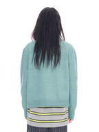 A person viewed from the back wearing a light mint green knit sweater over a gray striped shirt with yellow and green stripes, against a plain white background.