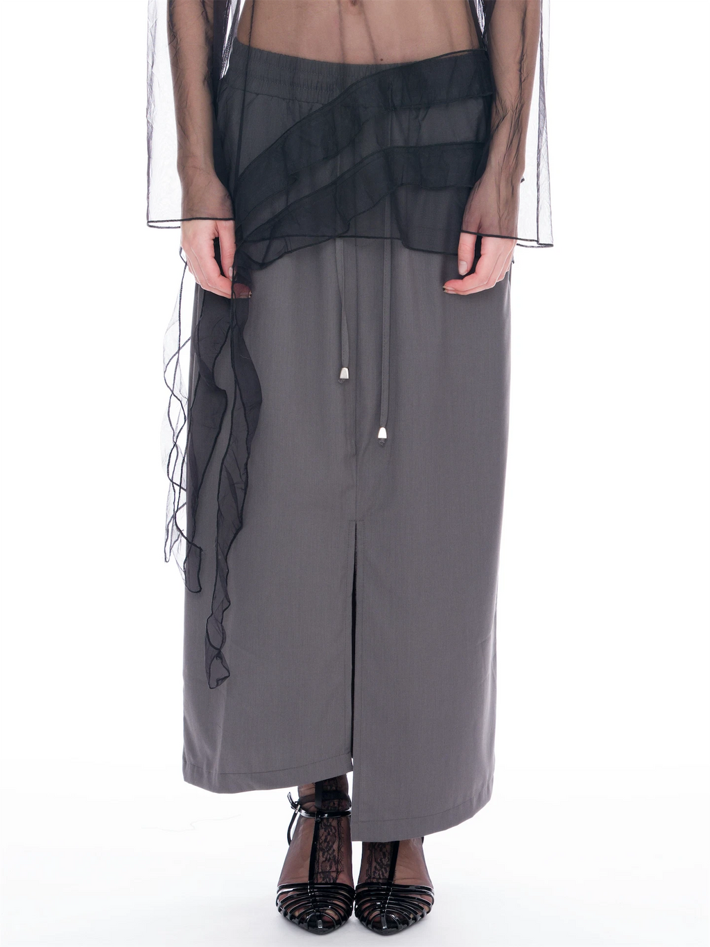 Ruffled Sheer Organza Long Sleeve Top