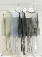 Ruffled Sheer Organza Long Sleeve Top