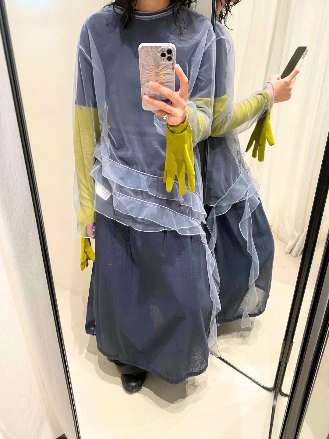 Ruffled Sheer Organza Long Sleeve Top