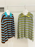 Two striped knit polo shirts hanging on white hangers against a light wall. The shirt on the left is brown with turquoise and light blue horizontal stripes and a turquoise collar.